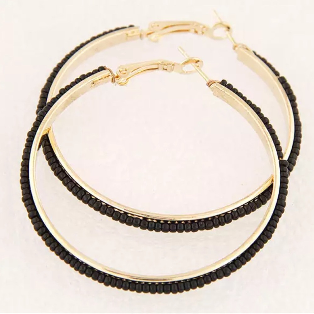 Black Gold Beaded Hoop Earrings